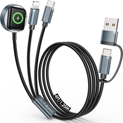4FT Multi Charging Cable, Travel Essential 3-in-1/4-in-1 Charger Cord for Airplane RV Car, Compatible with Apple Watch iPhone iPad Samsung Galaxy AirPods Pro